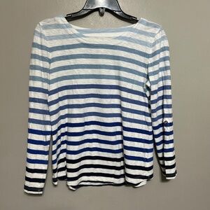 Talbots Women's Blouse SP White Blue Striped Cotton Nautical Casual Lagenlook